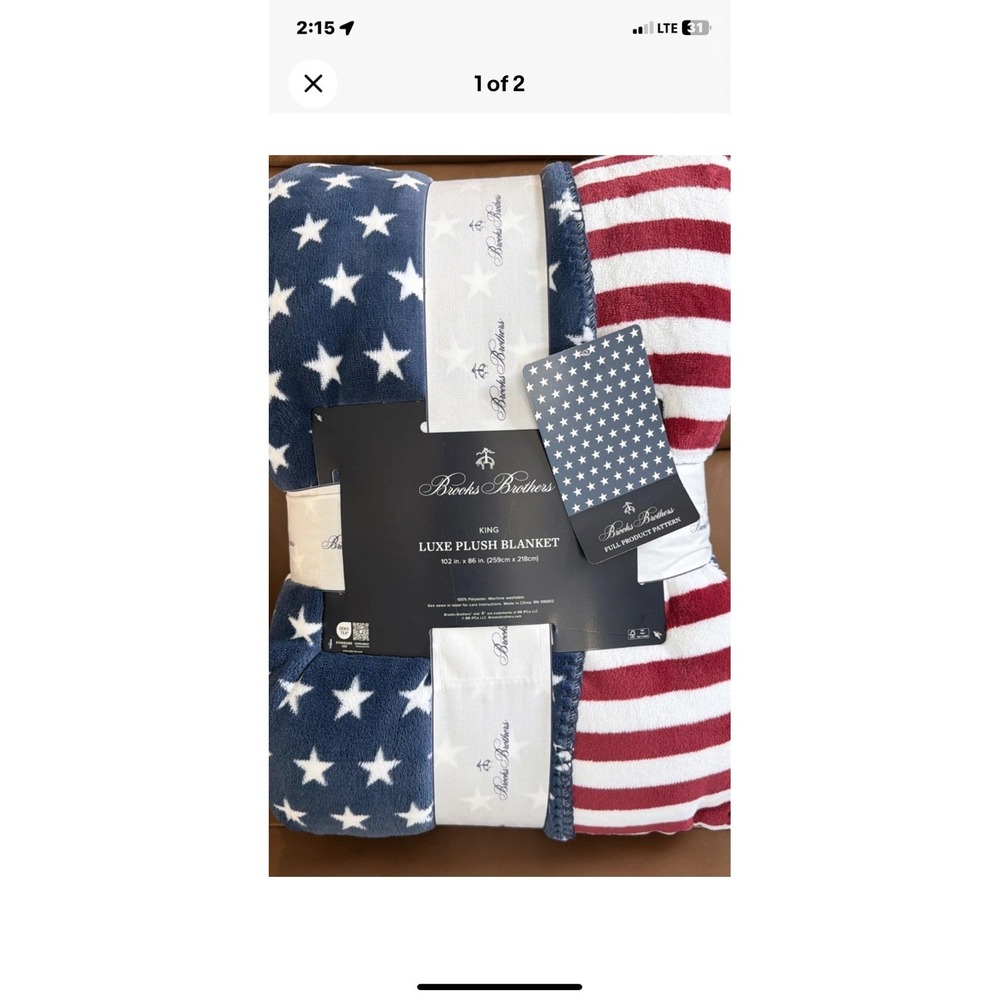 Brooks Brothers King Luxe Plush Blanket American Flag Stars Stripes Patriotic